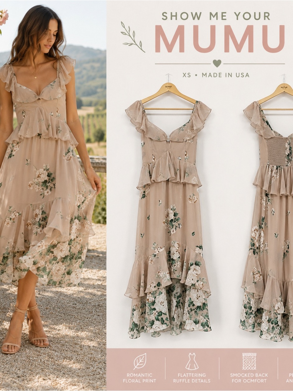 Show Me Your Mumu Floral Ruffle Midi Dress XS Beige Romantic Cottagecore